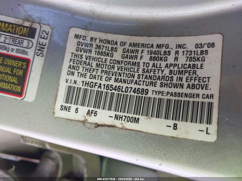 2006 Honda Civic Lx VIN: 1HGFA16546L074689 Lot: 43371938
