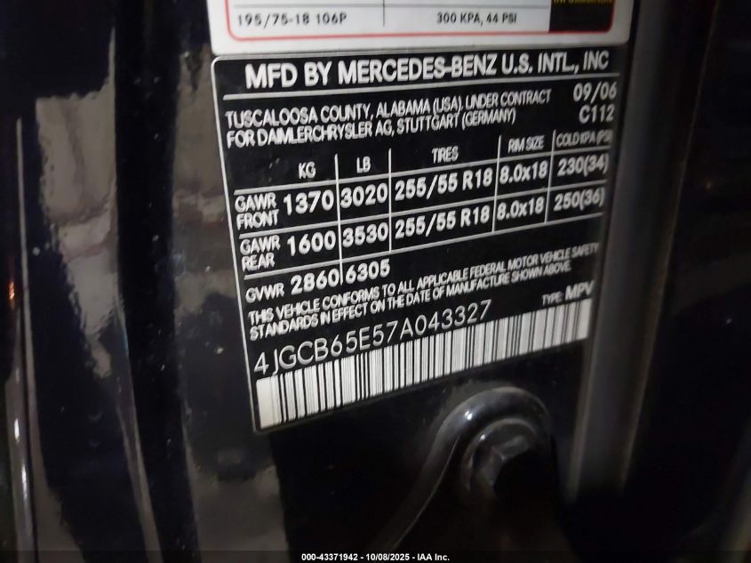 2007 Mercedes-Benz R 350 4Matic VIN: 4JGCB65E57A043327 Lot: 43371942