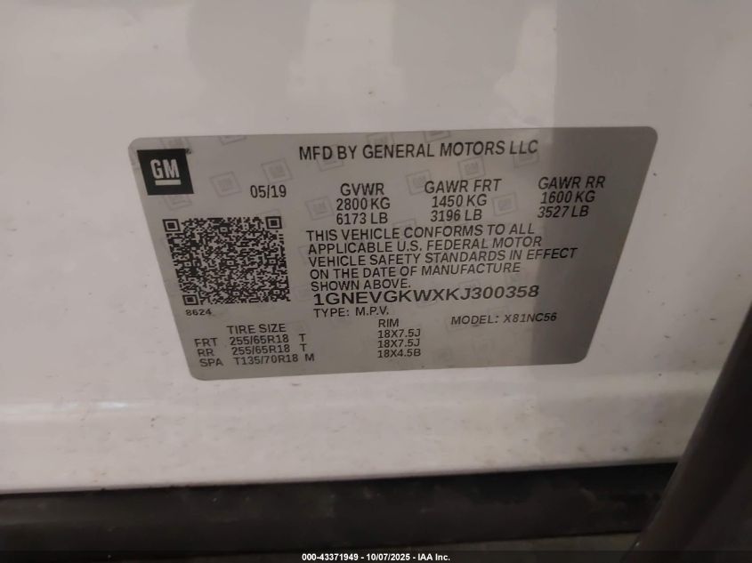 2019 Chevrolet Traverse 1Lt VIN: 1GNEVGKWXKJ300358 Lot: 43371949