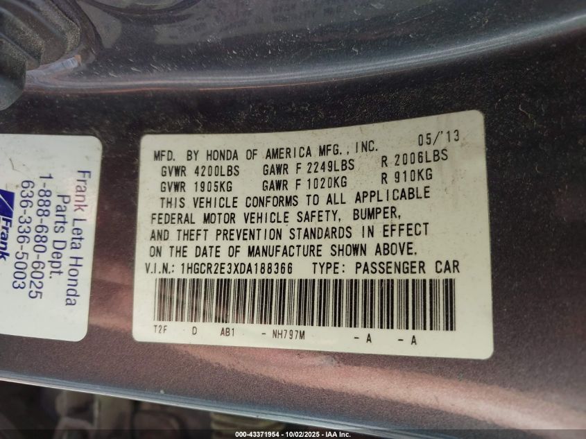 2013 Honda Accord Lx VIN: 1HGCR2E3XDA188366 Lot: 43371954