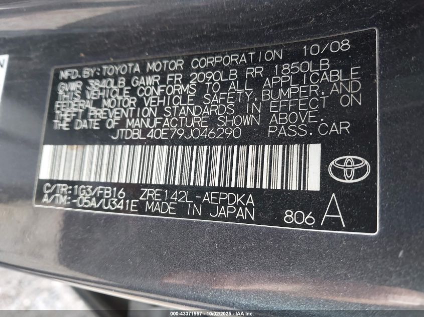 2009 Toyota Corolla Le VIN: JTDBL40E79J046290 Lot: 43371957
