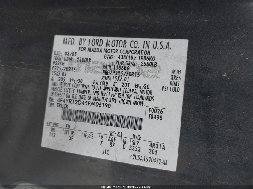 2005 Mazda B2300 VIN: 4F4YR12D45PM06190 Lot: 43371970