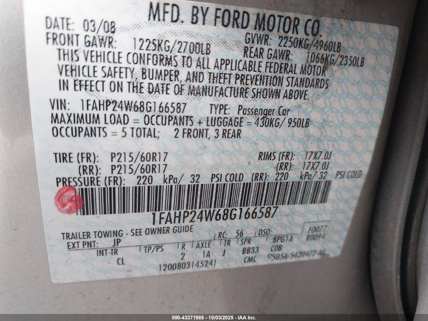 2008 Ford Taurus Sel VIN: 1FAHP24W68G166587 Lot: 43371988