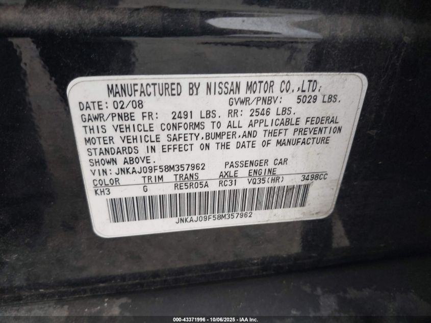 2008 Infiniti Ex35 Journey VIN: JNKAJ09F58M357962 Lot: 43371996