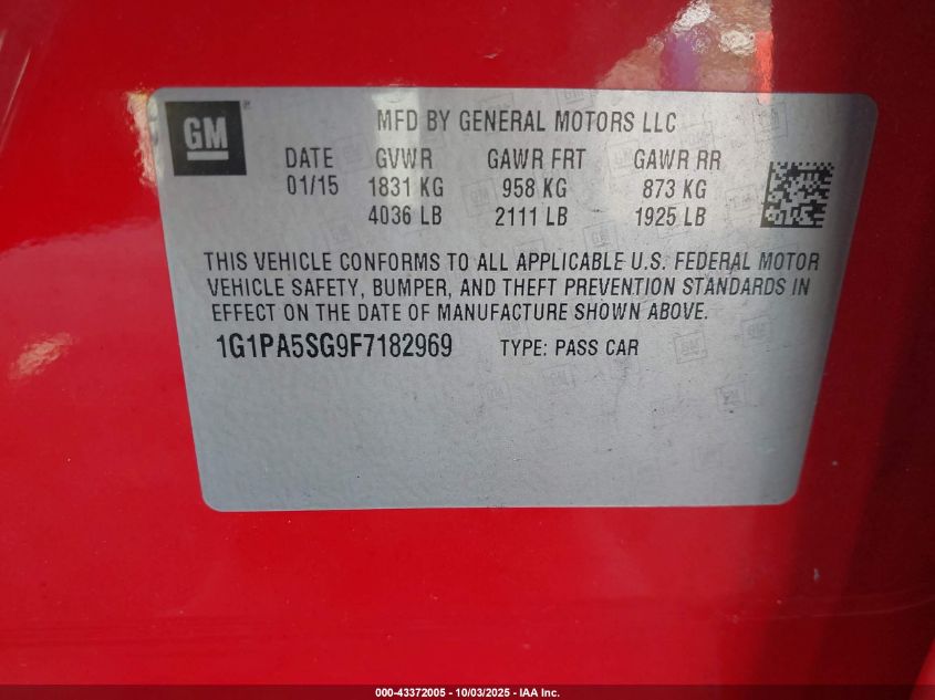 2015 Chevrolet Cruze Ls Auto VIN: 1G1PA5SG9F7182969 Lot: 43372005