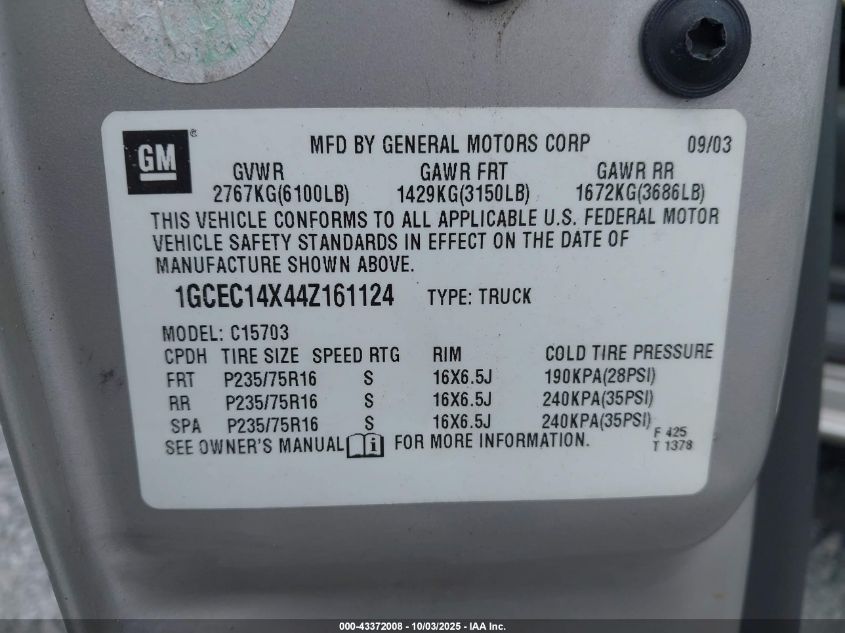 2004 Chevrolet Silverado 1500 VIN: 1GCEC14X44Z161124 Lot: 43372008