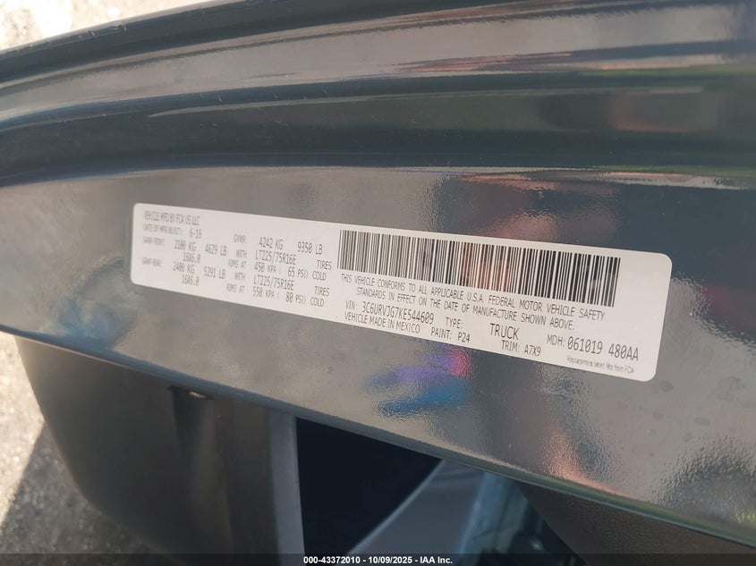 2019 Ram Promaster 3500 Cargo Van High Roof 159 Wb Ext VIN: 3C6URVJG7KE544609 Lot: 43372010