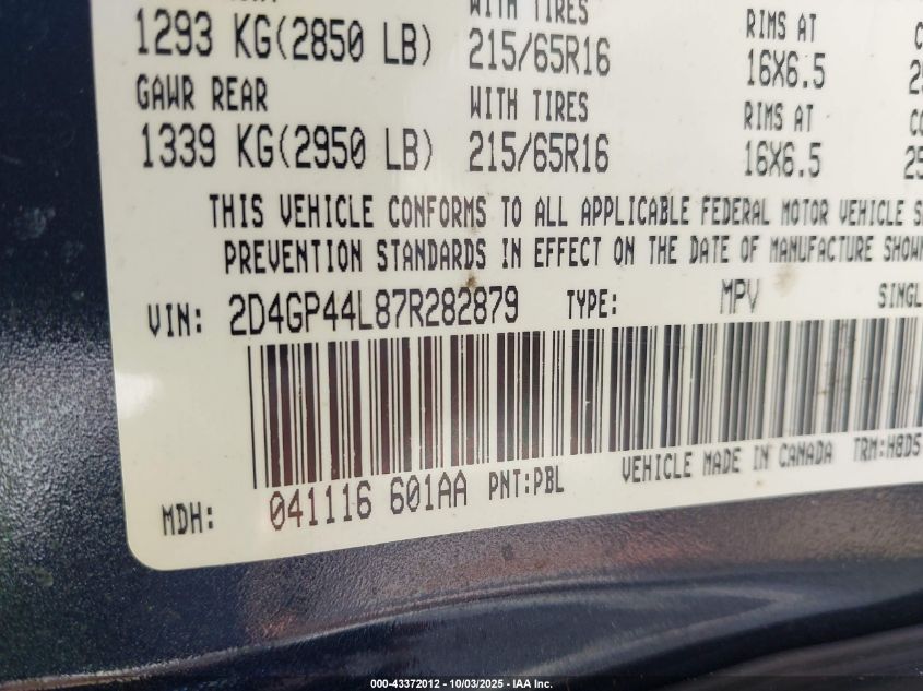 2007 Dodge Grand Caravan Sxt VIN: 2D4GP44L87R282879 Lot: 43372012