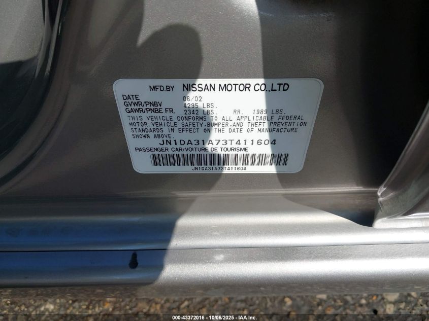 2003 Nissan Maxima Gle VIN: JN1DA31A73T411604 Lot: 43372016