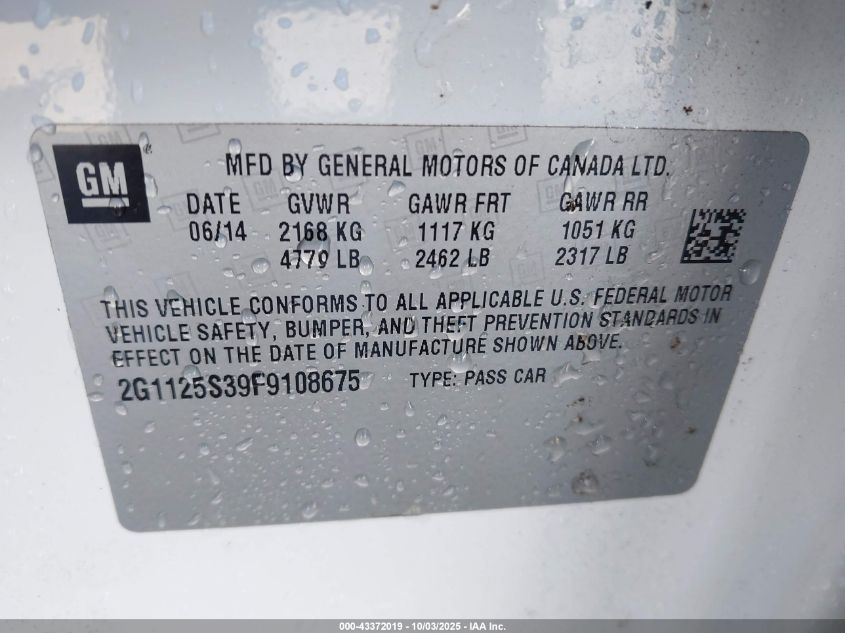 2015 Chevrolet Impala 2Lt VIN: 2G1125S39F9108675 Lot: 43372019