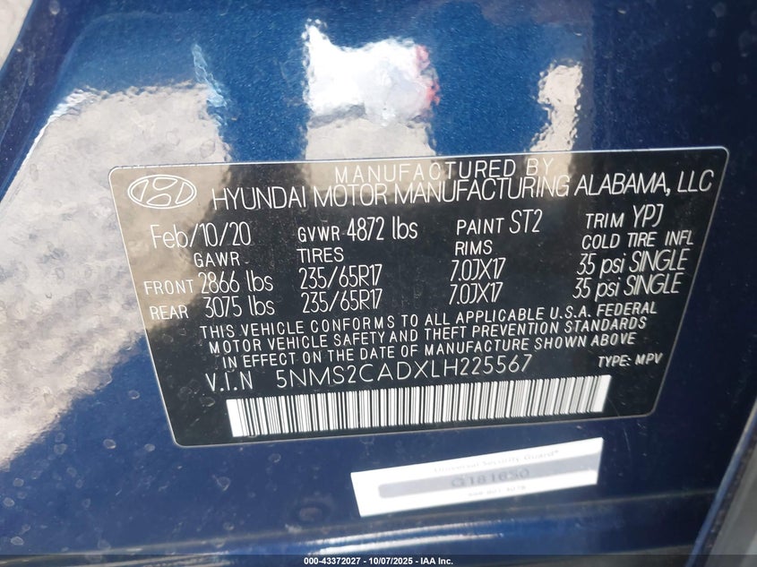 2020 HYUNDAI SANTA FE SE 5NMS2CADXLH225567