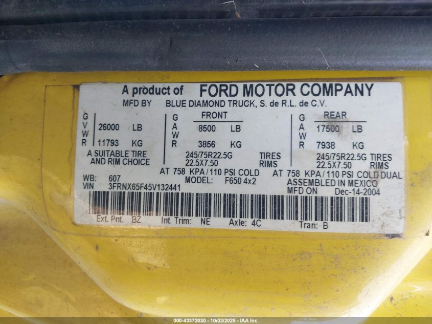 2005 Ford F-650 Xl/Xlt VIN: 3FRNX65F45V132441 Lot: 43372030