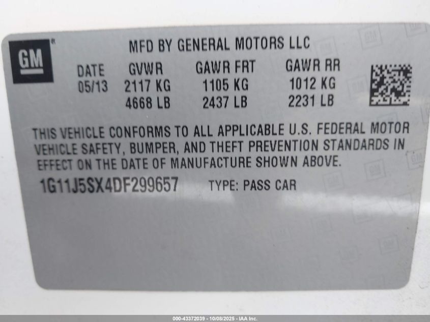 2013 Chevrolet Malibu 2Lz VIN: 1G11J5SX4DF299657 Lot: 43372039