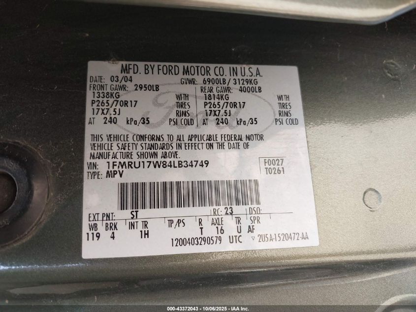 2004 Ford Expedition Eddie Bauer VIN: 1FMRU17W84LB34749 Lot: 43372043