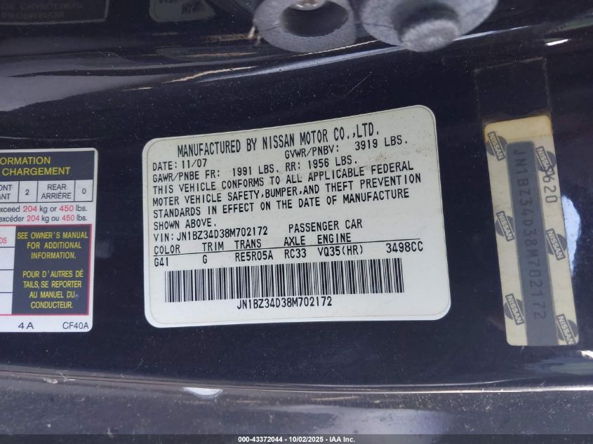2008 Nissan 350Z Enthusiast VIN: JN1BZ34D38M702172 Lot: 43372044