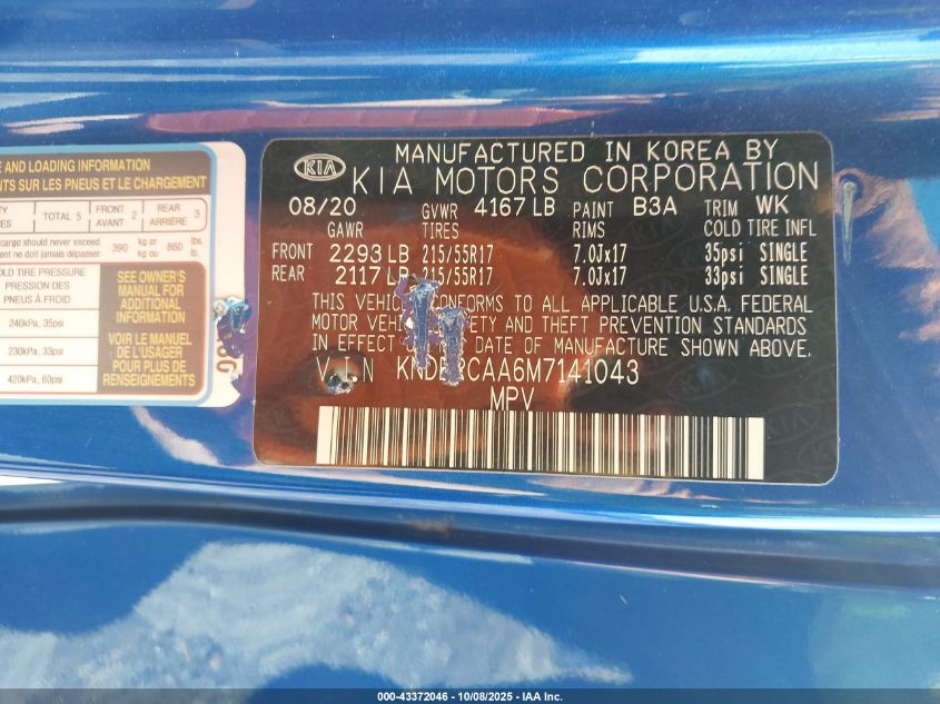 2021 Kia Seltos Ex VIN: KNDERCAA6M7141043 Lot: 43372046