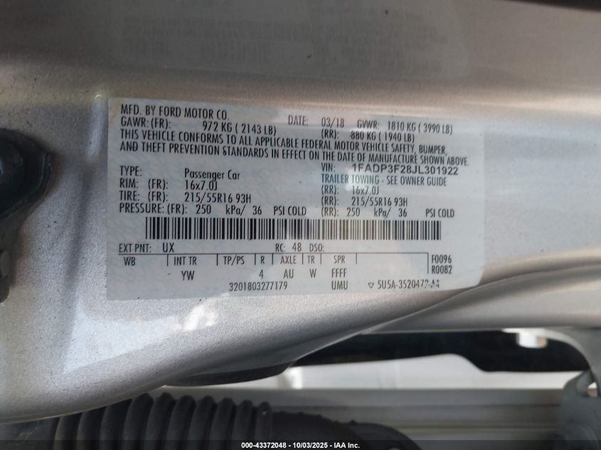 2018 Ford Focus Se VIN: 1FADP3F28JL301922 Lot: 43372048