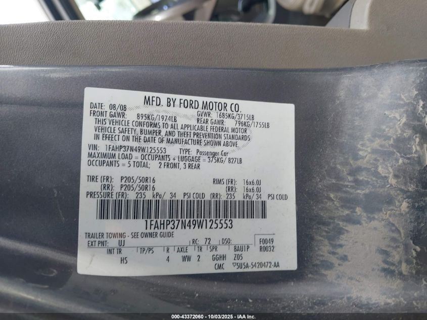 2009 Ford Focus Sel VIN: 1FAHP37N49W125553 Lot: 43372060