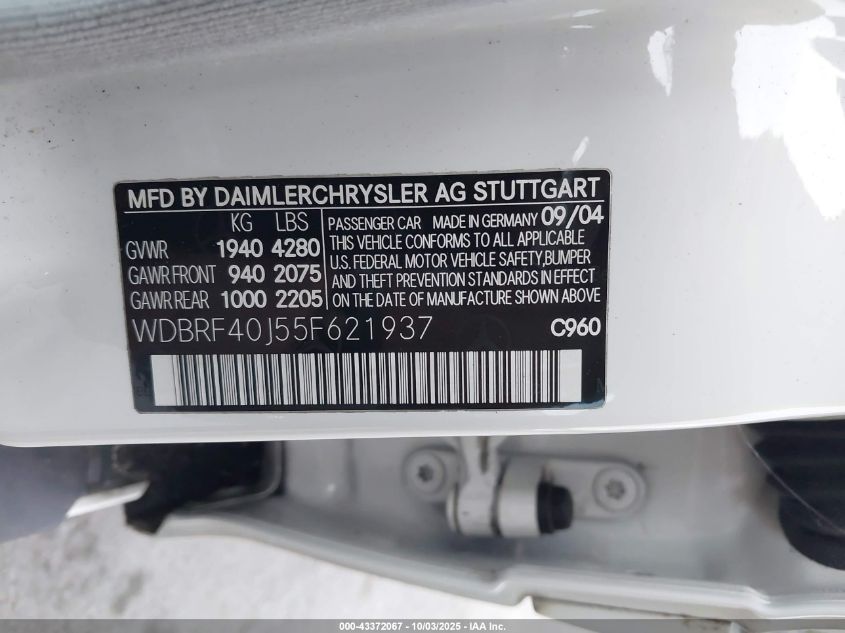 2005 Mercedes-Benz C 230 Kompressor Sport VIN: WDBRF40J55F621937 Lot: 43372067