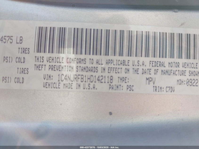2017 Jeep Patriot Latitude 4X4 VIN: 1C4NJRFB1HD142118 Lot: 43372076