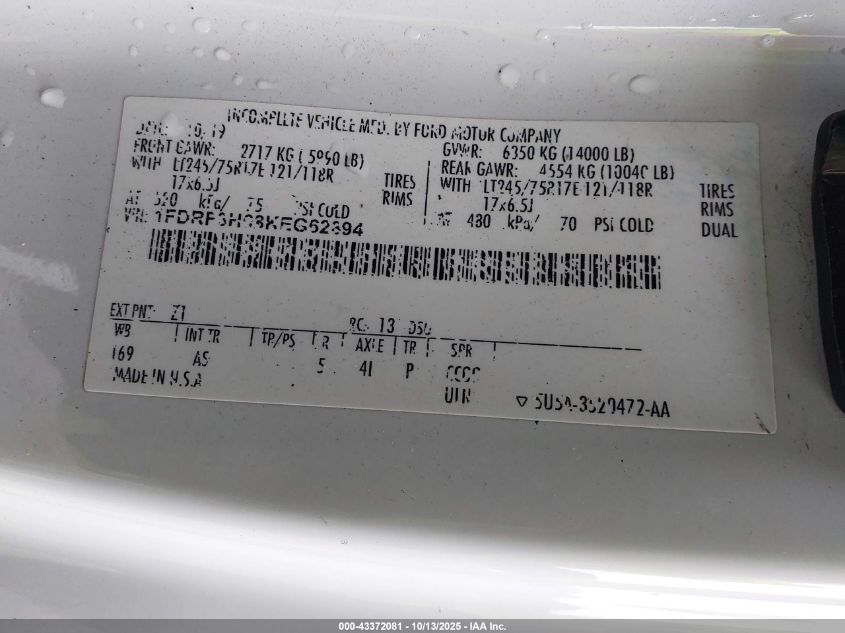 2019 Ford F-350 Chassis Xl VIN: 1FDRF3H68KEG62894 Lot: 43372081