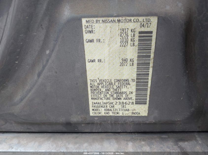 2017 Nissan Altima 2.5 Sv VIN: 1N4AL3AP5HC238628 Lot: 43372086