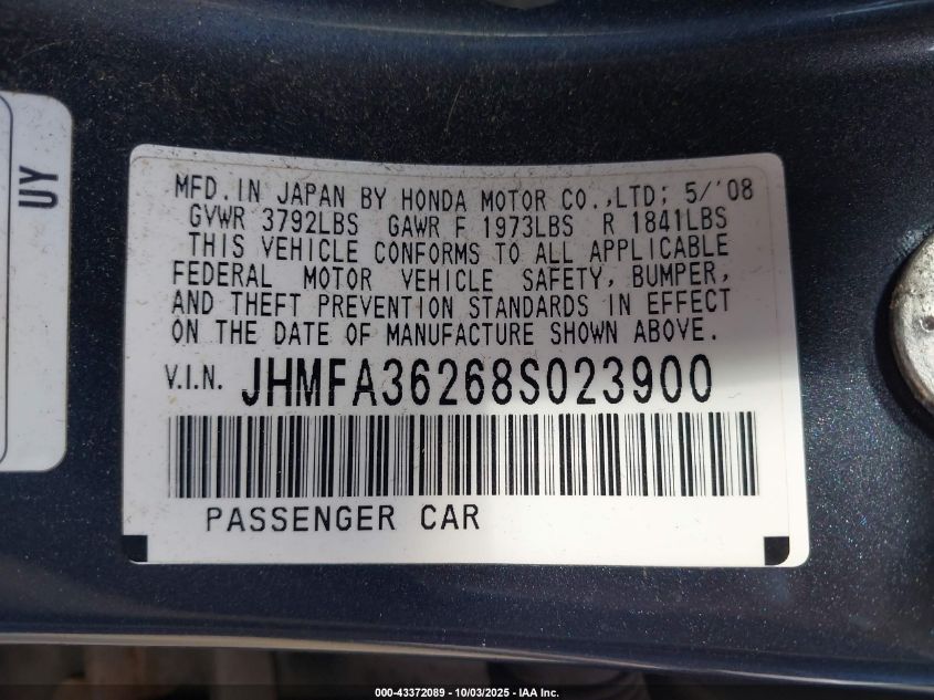 2008 Honda Civic Hybrid VIN: JHMFA36268S023900 Lot: 43372089