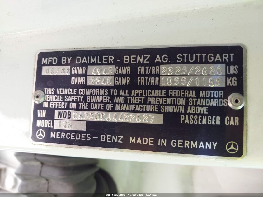 1988 Mercedes-Benz 420 Sel VIN: WDBCA35DXJA422827 Lot: 43372090
