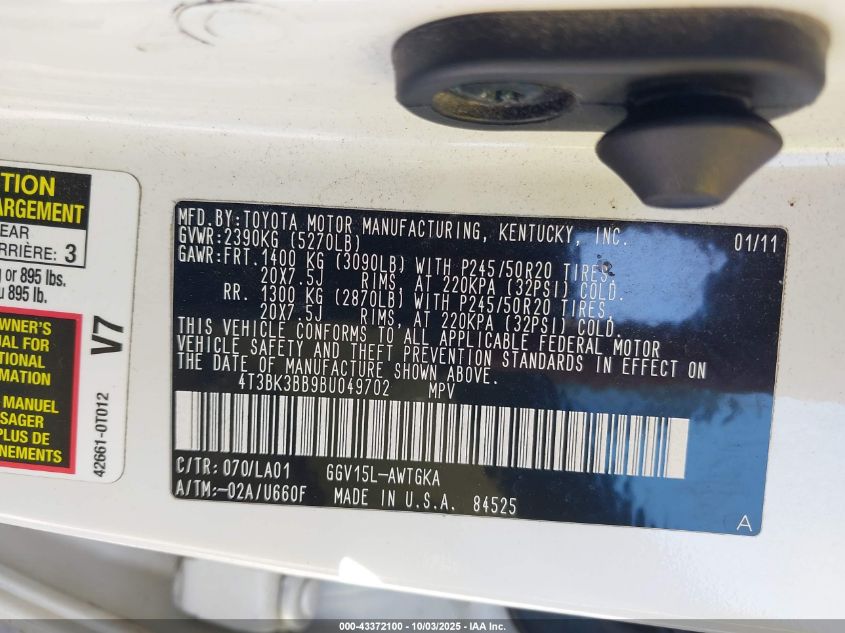 2011 Toyota Venza Base V6 VIN: 4T3BK3BB9BU049702 Lot: 43372100