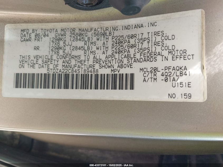 2004 Toyota Sienna Xle Limited VIN: 5TDZA22C84S189488 Lot: 43372101