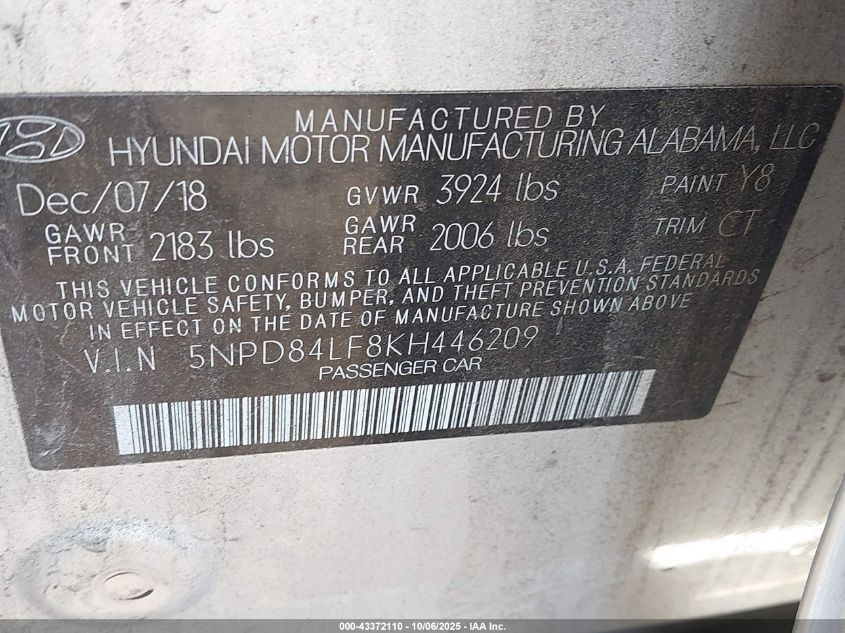 2019 Hyundai Elantra Value Edition VIN: 5NPD84LF8KH446209 Lot: 43372110