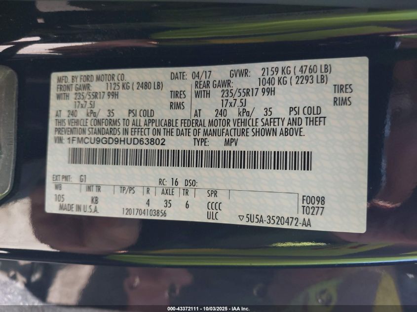 2017 Ford Escape Se VIN: 1FMCU9GD9HUD63802 Lot: 43372111