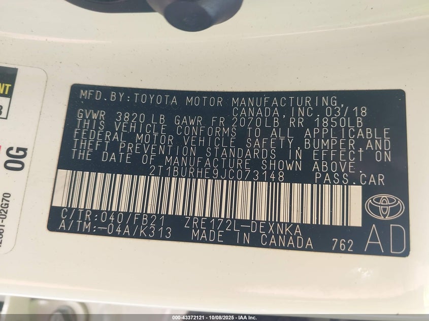 2018 Toyota Corolla Le VIN: 2T1BURHE9JC073148 Lot: 43372121