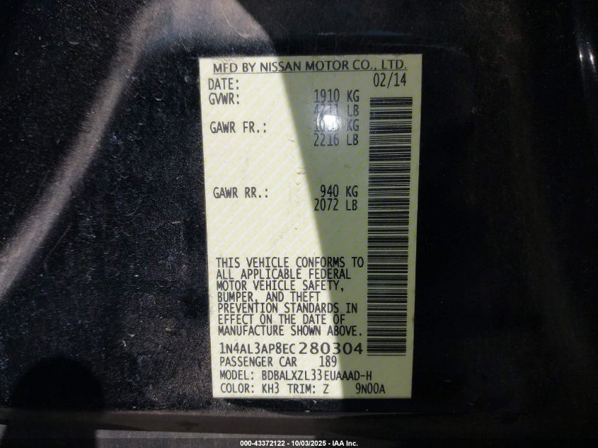 2014 Nissan Altima 2.5 Sl VIN: 1N4AL3AP8EC280304 Lot: 43372122