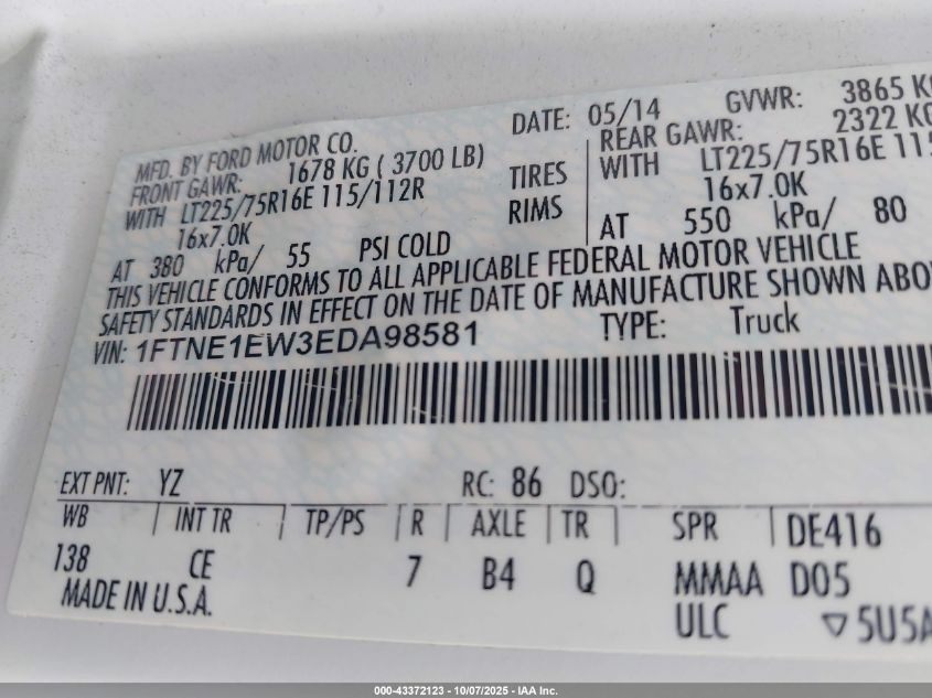 2014 Ford E-150 Commercial VIN: 1FTNE1EW3EDA98581 Lot: 43372123