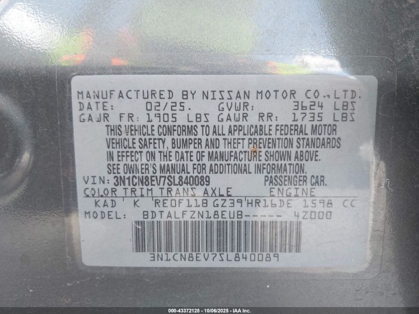 2025 Nissan Versa 1.6 Sv VIN: 3N1CN8EV7SL840089 Lot: 43372128