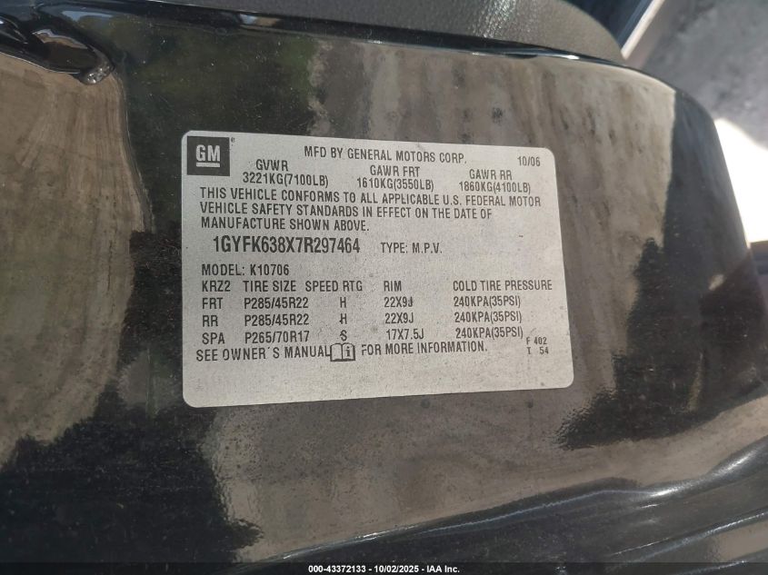 2007 Cadillac Escalade Standard VIN: 1GYFK638X7R297464 Lot: 43372133