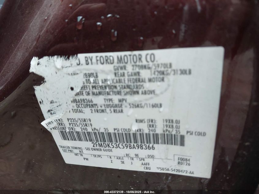 2009 Ford Flex Limited VIN: 2FMDK53C59BA98366 Lot: 43372139