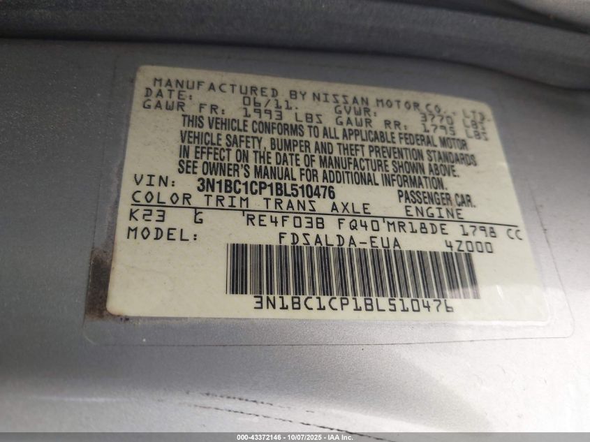 2011 Nissan Versa 1.8S VIN: 3N1BC1CP1BL510476 Lot: 43372146