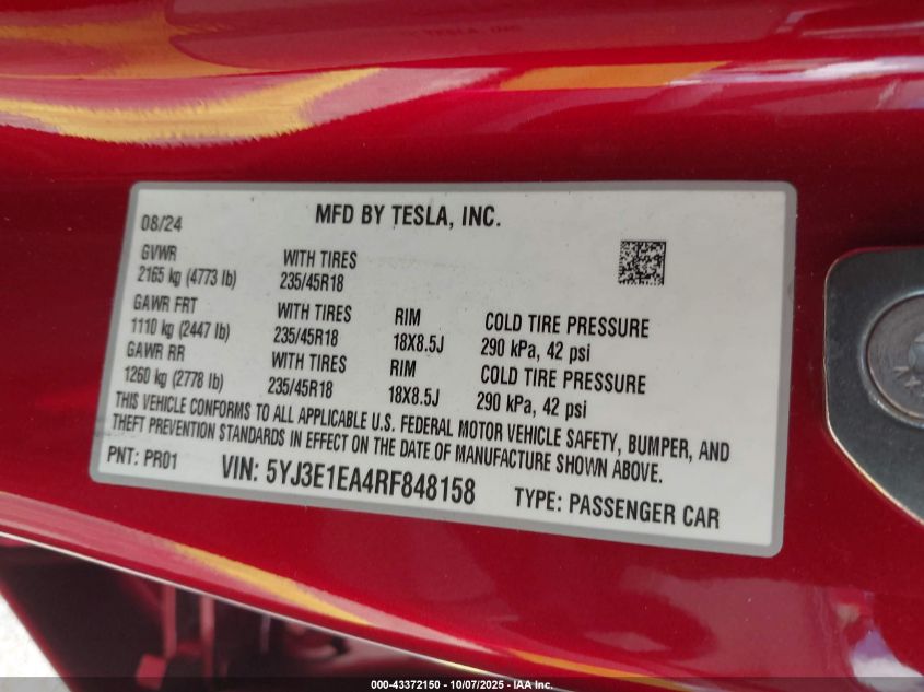 2024 Tesla Model 3 Long Range Dual Motor All-Wheel Drive/Rear-Wheel Drive VIN: 5YJ3E1EA4RF848158 Lot: 43372150