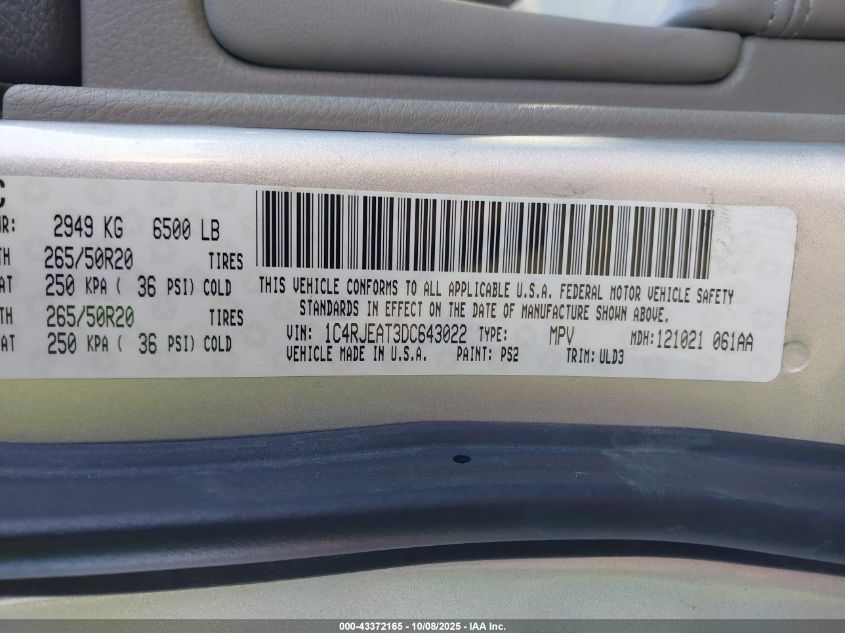 2013 Jeep Grand Cherokee Laredo VIN: 1C4RJEAT3DC643022 Lot: 43372165