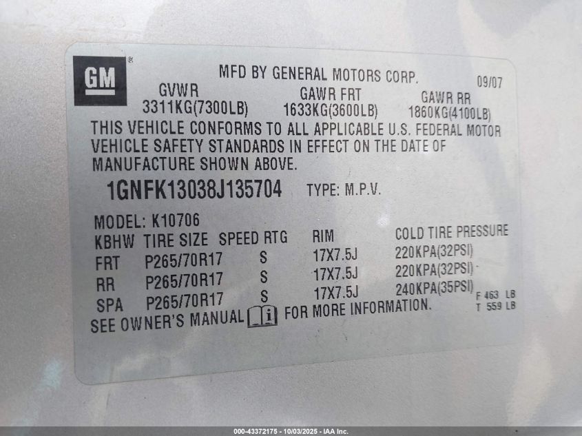 2008 Chevrolet Tahoe Lt VIN: 1GNFK13038J135704 Lot: 43372175