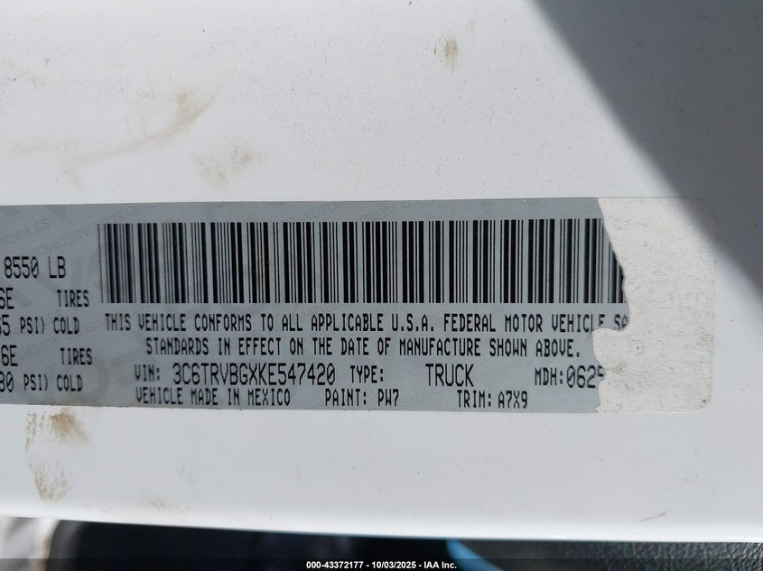 2019 RAM PROMASTER 1500 HIGH ROOF 136 WB - 3C6TRVBGXKE547420