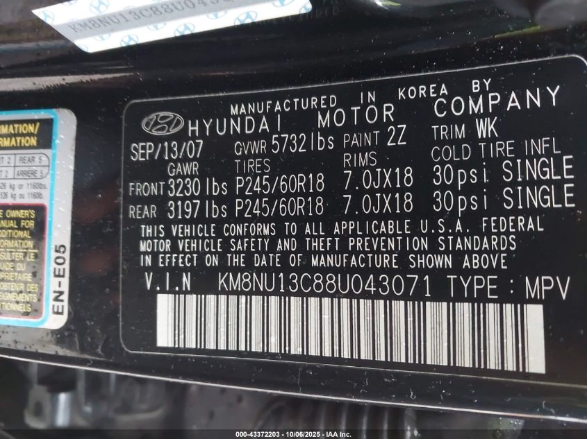 2008 Hyundai Veracruz Gls/Limited/Se VIN: KM8NU13C88U043071 Lot: 43372203