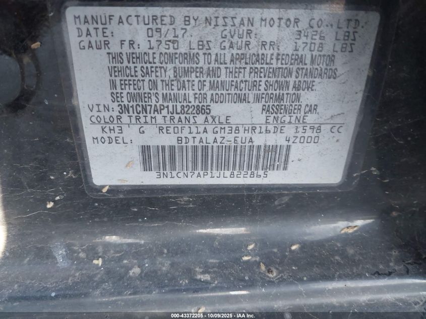 2018 Nissan Versa 1.6 S+ VIN: 3N1CN7AP1JL822865 Lot: 43372205