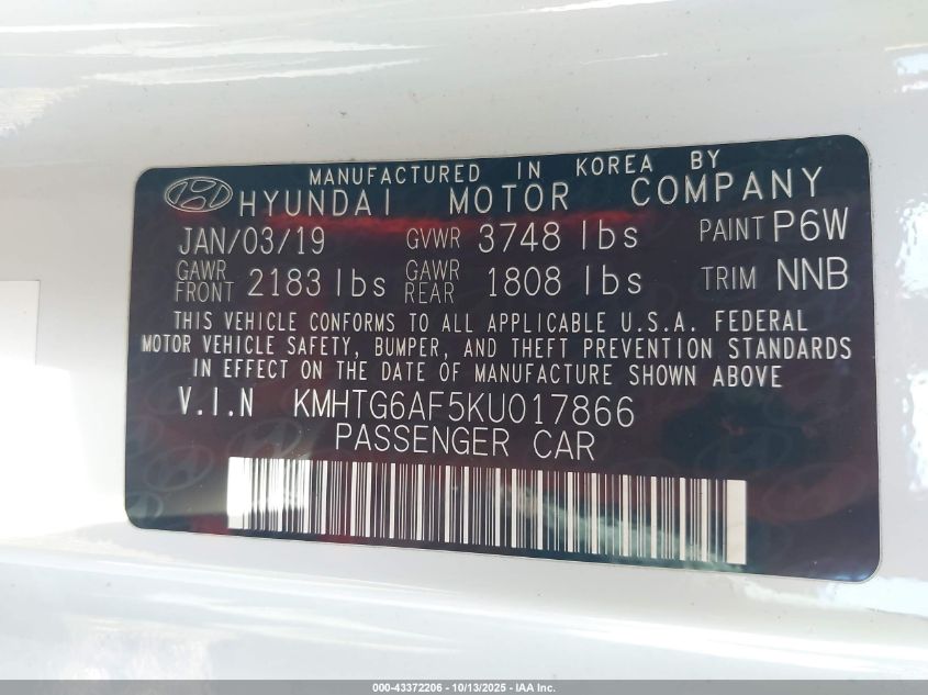 2019 Hyundai Veloster 2.0 VIN: KMHTG6AF5KU017866 Lot: 43372206