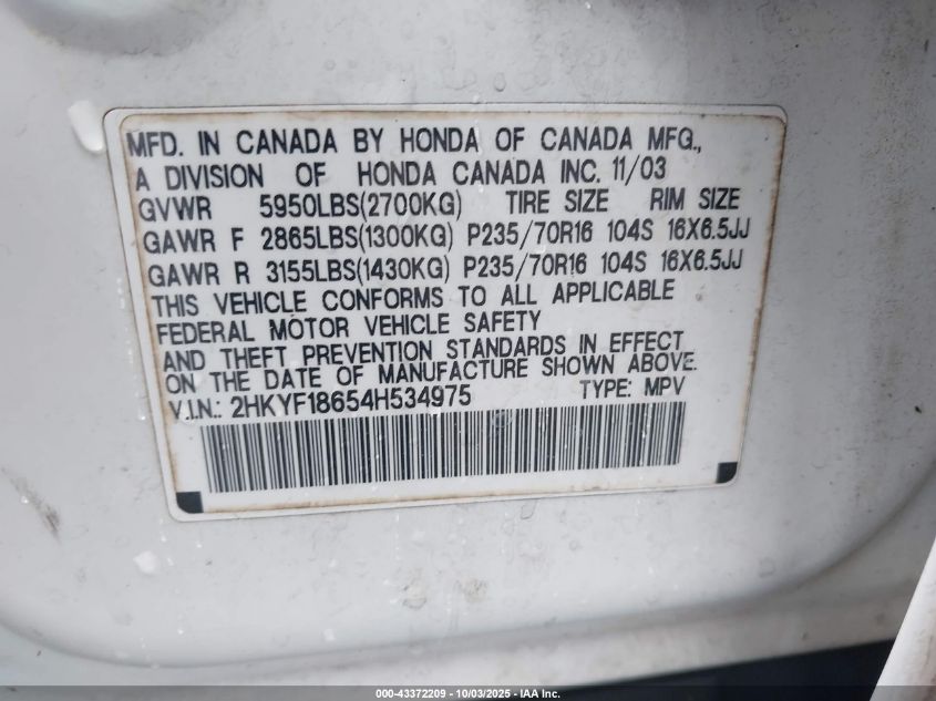 2004 Honda Pilot Ex-L VIN: 2HKYF18654H534975 Lot: 43372209