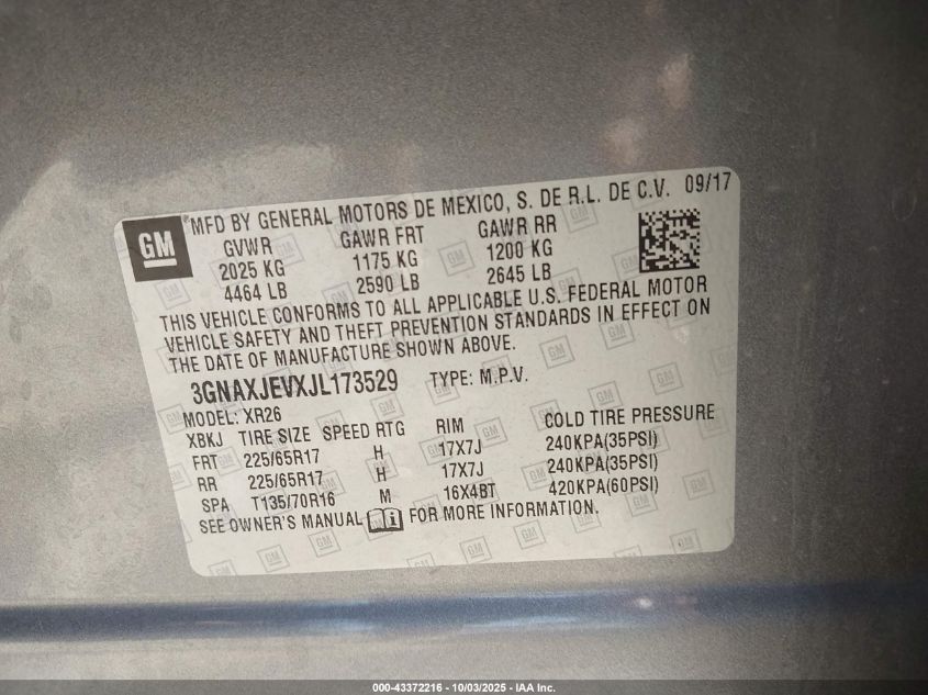 2018 Chevrolet Equinox Lt VIN: 3GNAXJEVXJL173529 Lot: 43372216