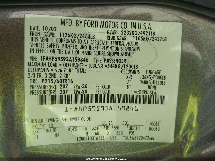 2003 Ford Taurus Sel VIN: 1FAHP59S93A159846 Lot: 43372225