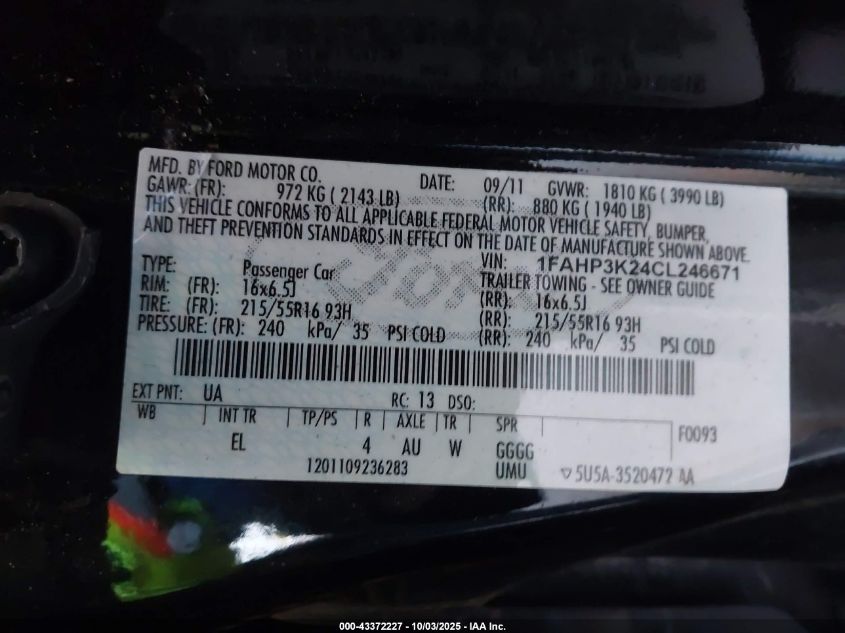 2012 Ford Focus Se VIN: 1FAHP3K24CL246671 Lot: 43372227